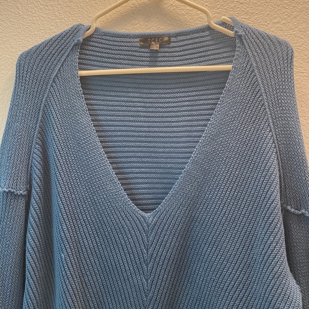 Anthropologie blue cable knit sweater, TCEC brand.